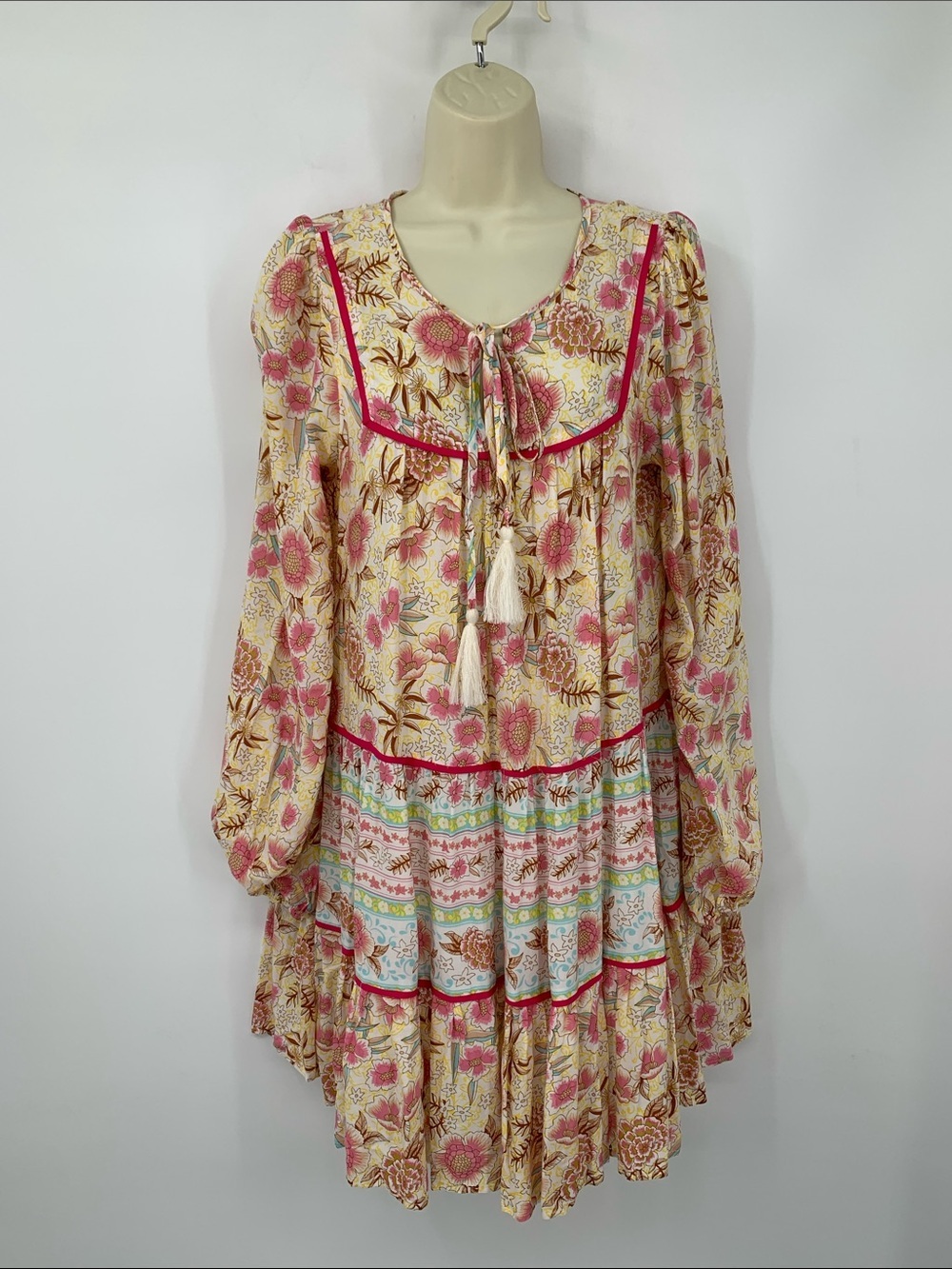 Karlie Floral boho dress tiered peasant colorblock a-line yellow pink shift M